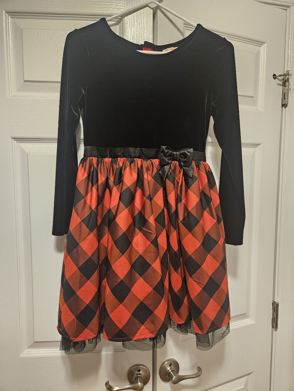 Girls Black Velvet Top with Red & Black Plaid Skirt. Festive Dress Size 10-12